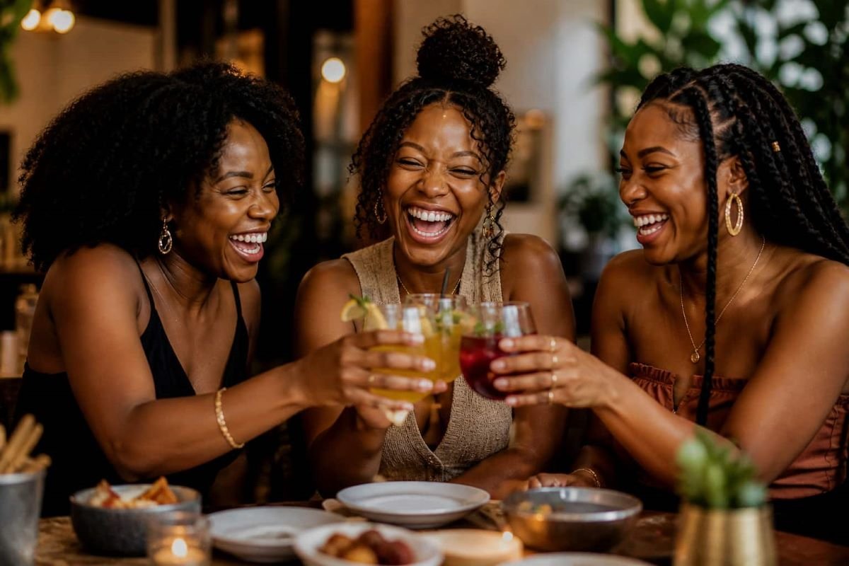 Three Black women laughing and clinking drinks together, sharing a joyful moment of celebration, genuine happiness, and aligned friendship.