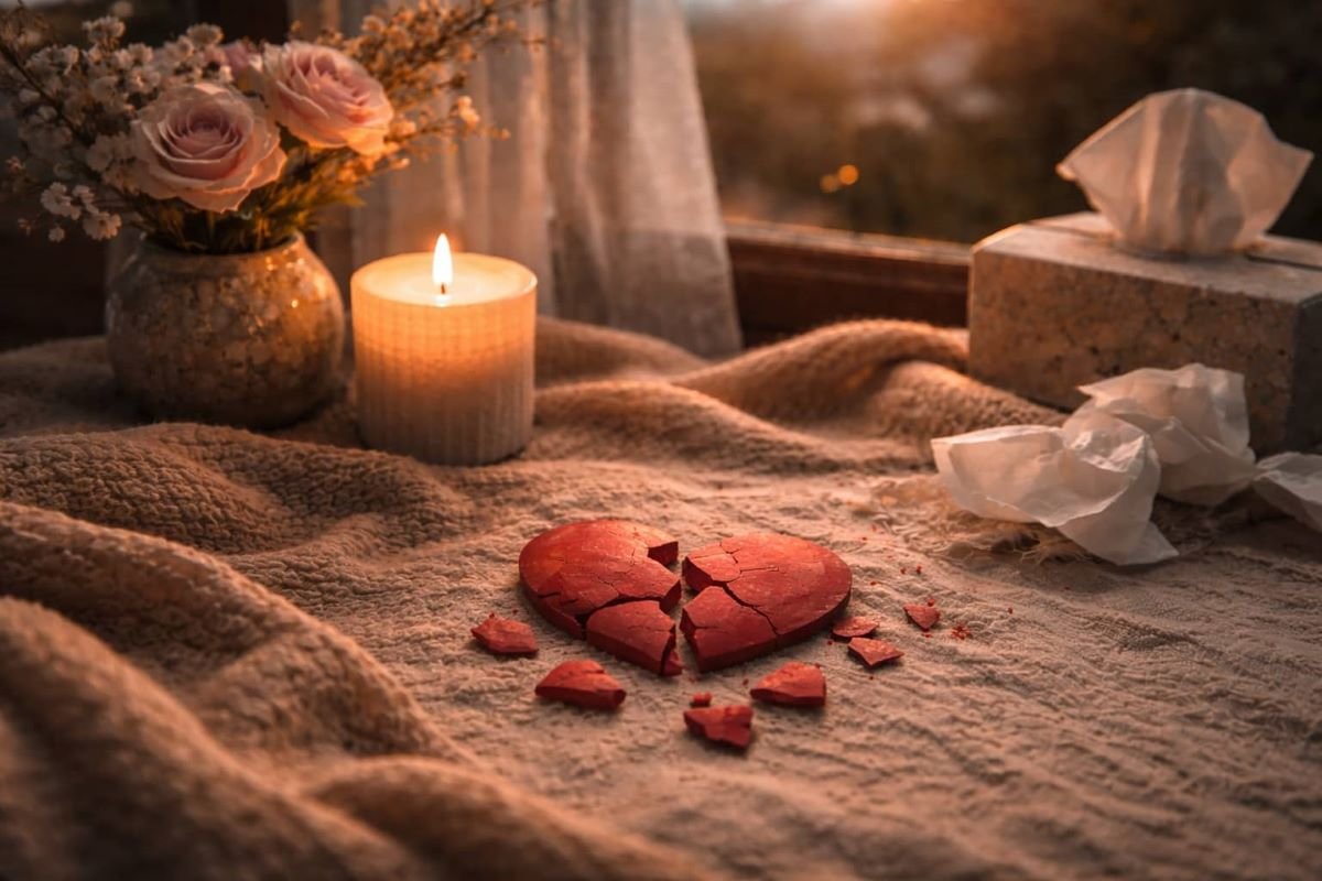 Broken heart pieces scattered on a soft surface in a dim setting representing emotional pain and reflection
