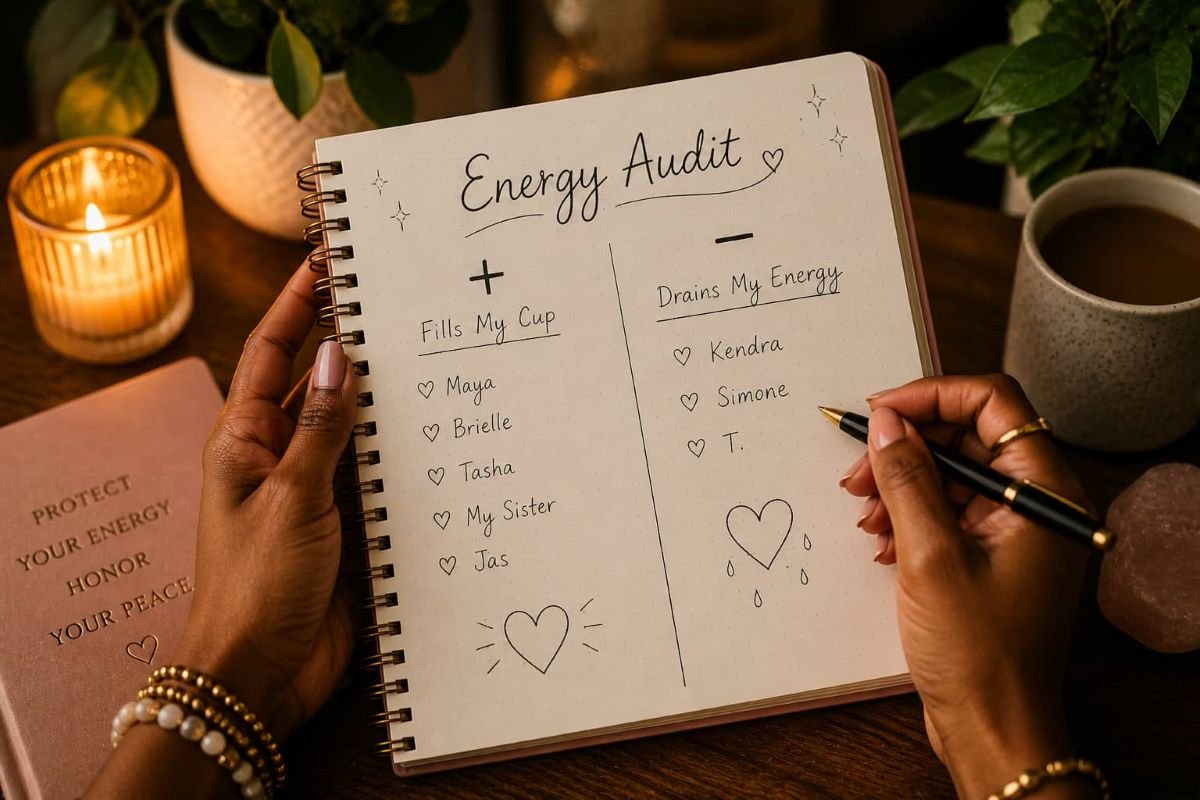 Close-up of a Black woman’s hands holding a journal with an energy audit layout, showing positive and negative connections to reflect on aligned friendships and emotional well-being.