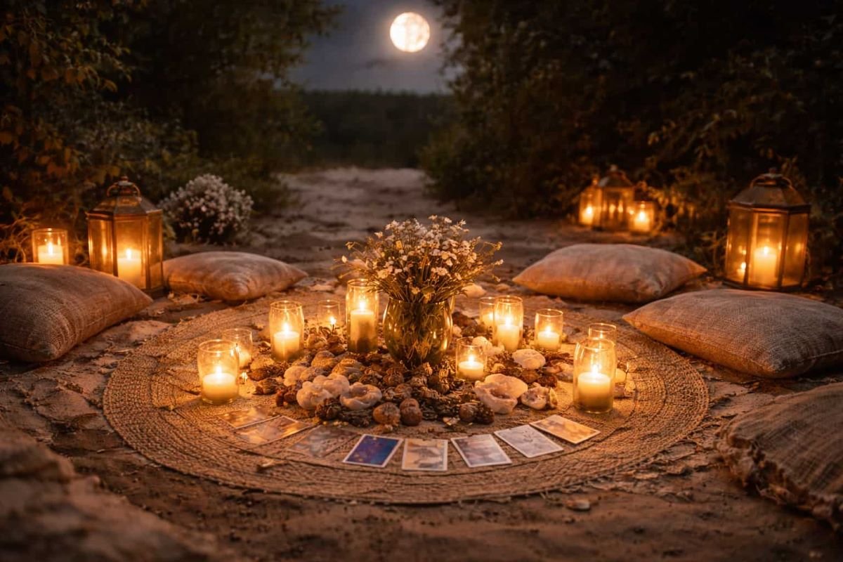 Moonlit ritual setup with candles and crystals arranged under the full moon representing feminine energy and spiritual reflection