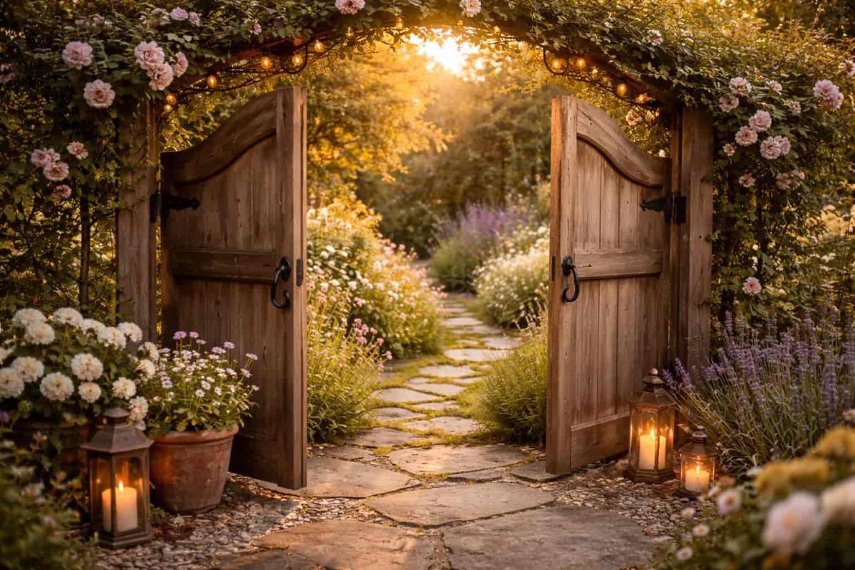 Open wooden garden gate leading into a peaceful sunlit garden symbolizing boundaries and allowing healthy connections