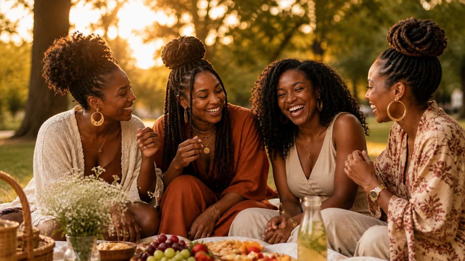Black women laughing together at a golden hour picnic in the park, reflecting joy, and connection.