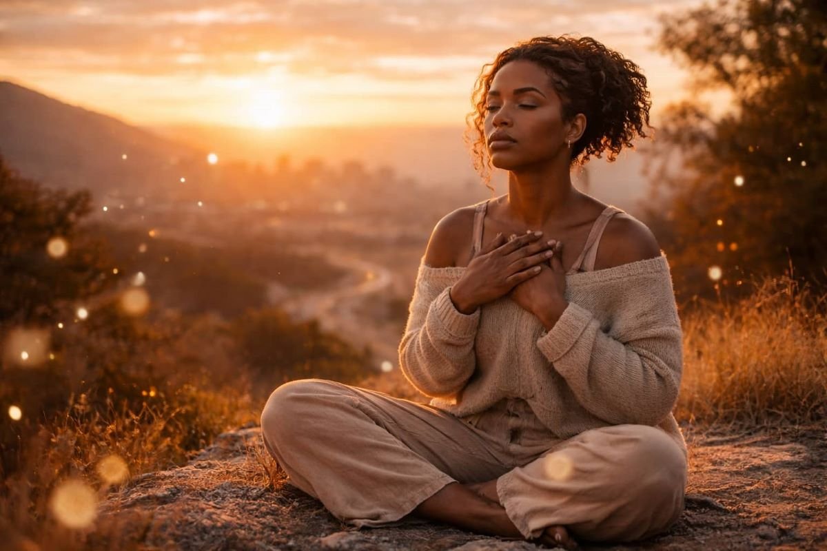 Woman sitting peacefully with eyes closed in reflection as she begins to heal after heartbreak