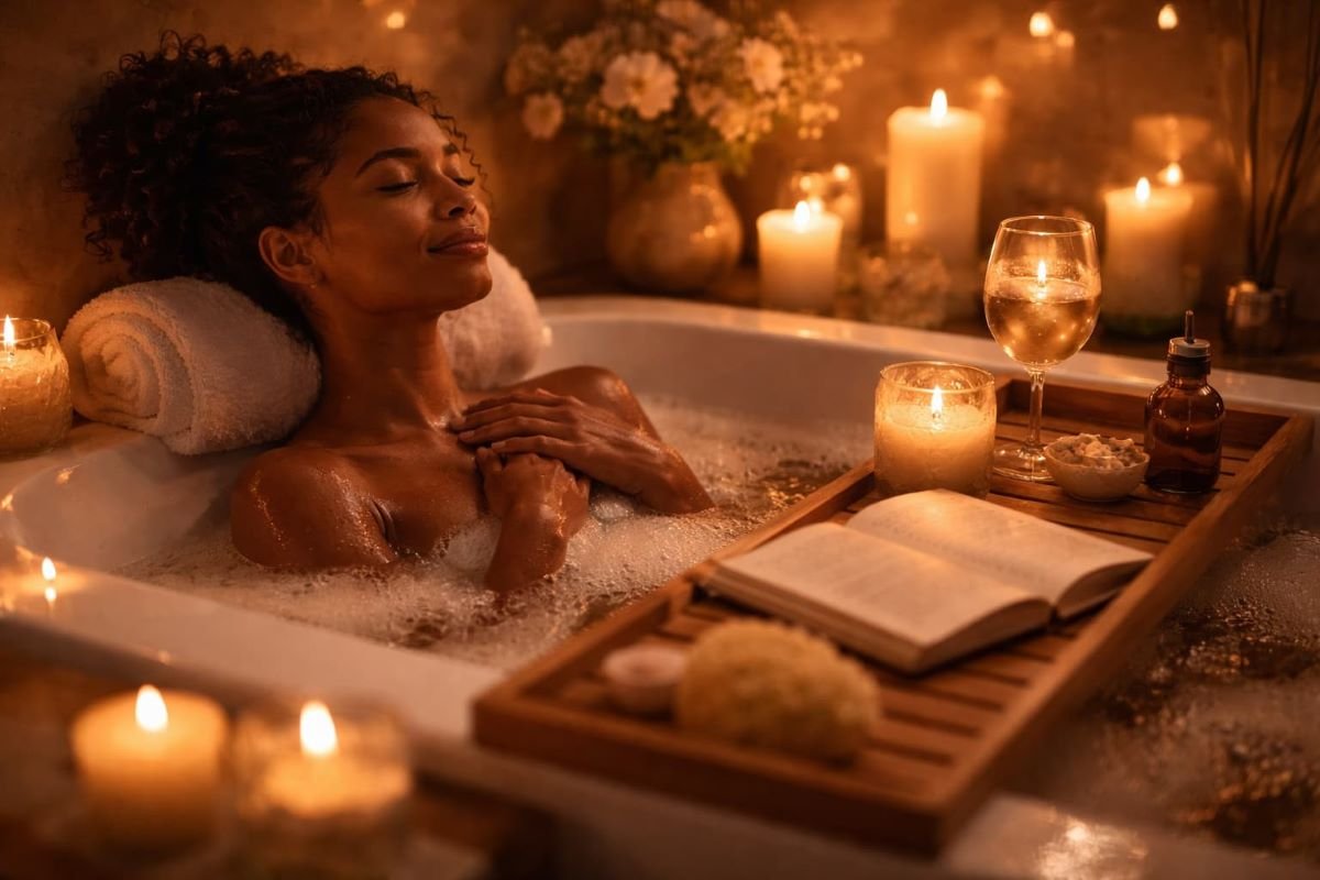 Woman relaxing in a candlelit bath representing self-care and emotional healing after heartbreak