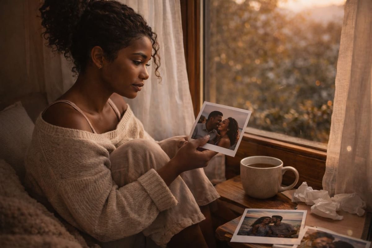 Woman sitting by a window looking at old photos reflecting on memories as she begins to heal after heartbreak