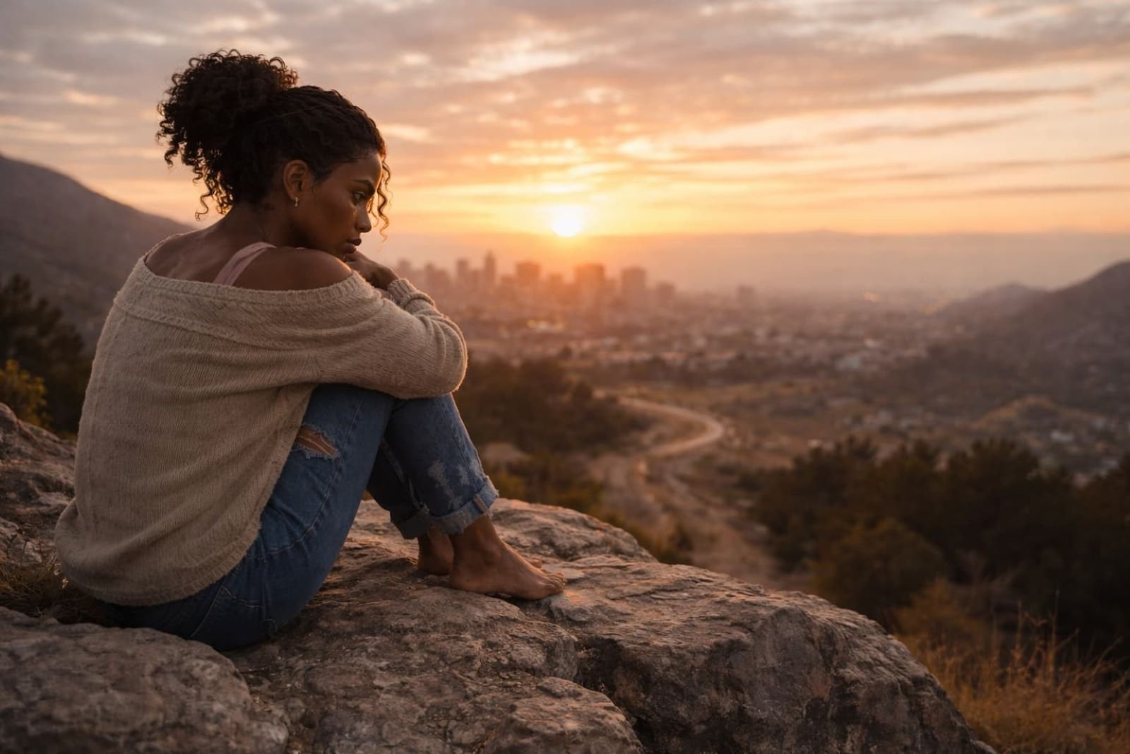 Woman sitting alone on a mountain at sunset reflecting as she begins to heal after heartbreak.