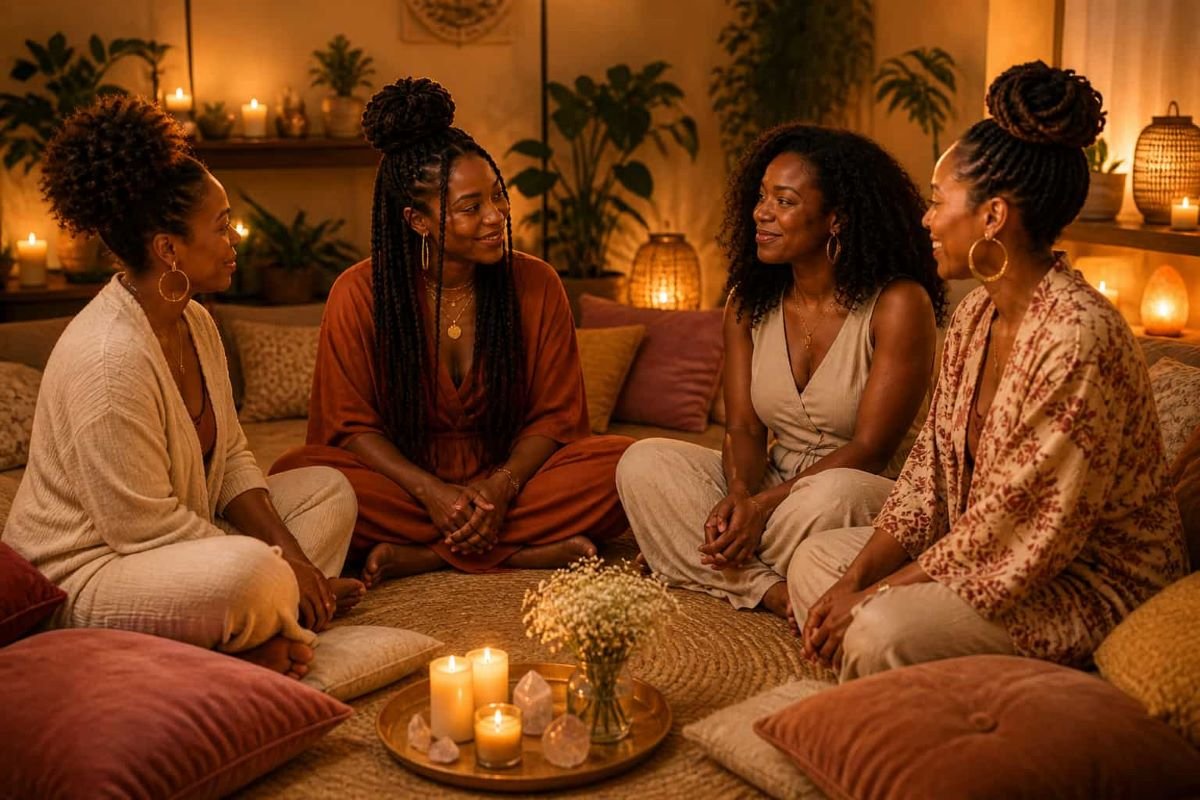 Black women sitting in a circle on cushions in warm candlelight, sharing deep presence, emotional safety, and connection in a peaceful, supportive space.