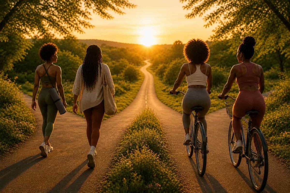 Black women walking and cycling together along a sunlit path at golden hour, symbolizing shared direction, and collective growth.