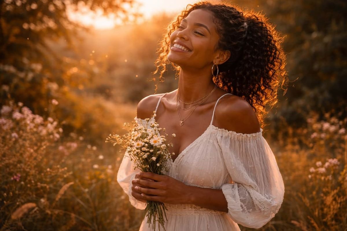 Confident woman smiling in warm sunlight representing inner peace and feminine energy