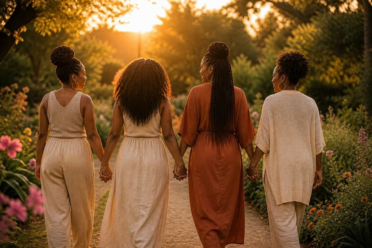 Back view of Black women walking hand in hand along a sunlit path, symbolizing deep friendship, unity, and aligned growth together.