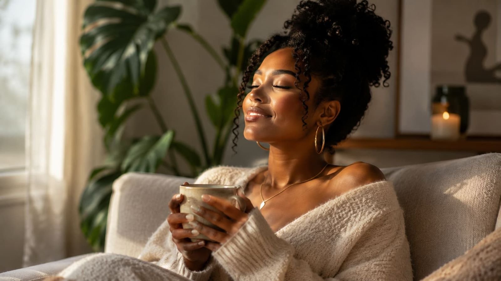 A Black woman sits comfortably on a sofa, holding a warm mug with her eyes closed in a moment of calm.
