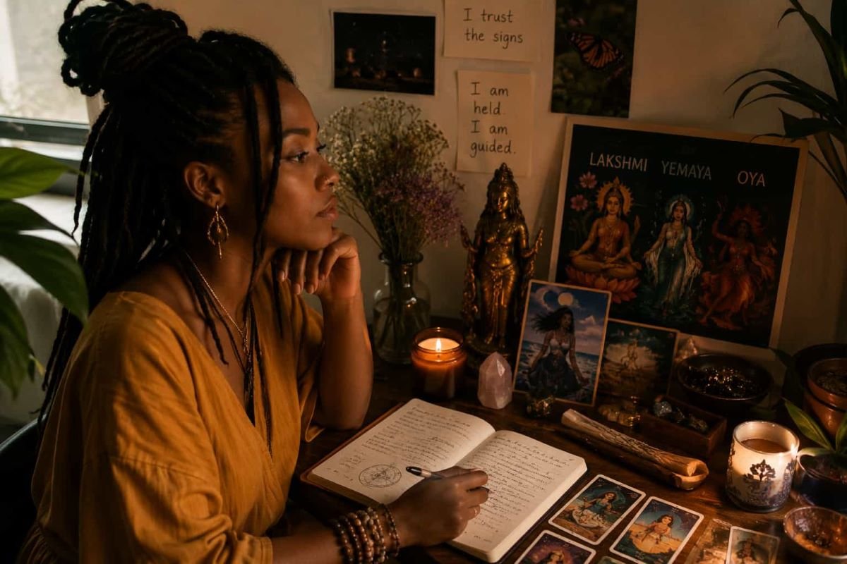 Black woman journaling beside candles, crystals, and sacred objects while reflecting on spiritual guides, intuition, and divine feminine archetypes.