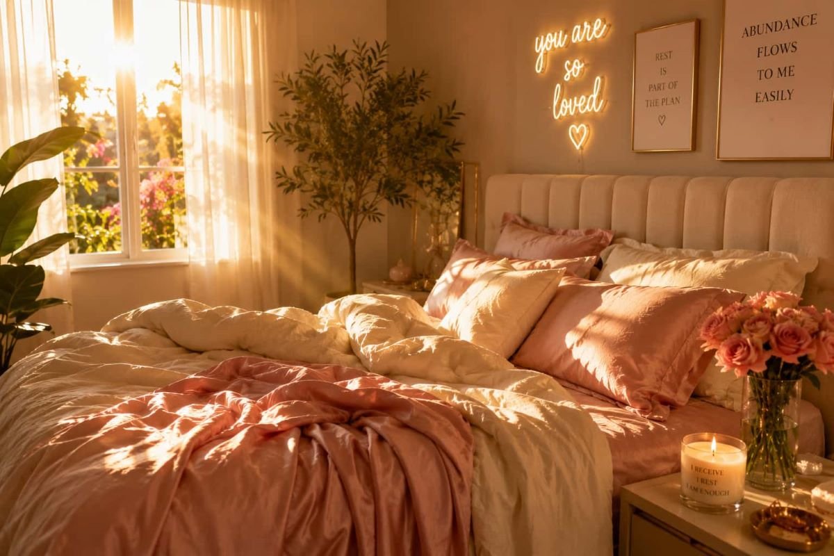 Cozy morning bedroom filled with sunlight representing feminine receptivity