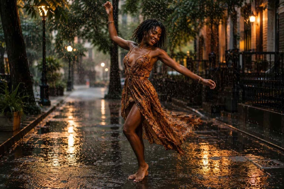 Black woman dancing barefoot in the rain with a joyful smile, embracing freedom, self-celebration, and living fully in the moment.