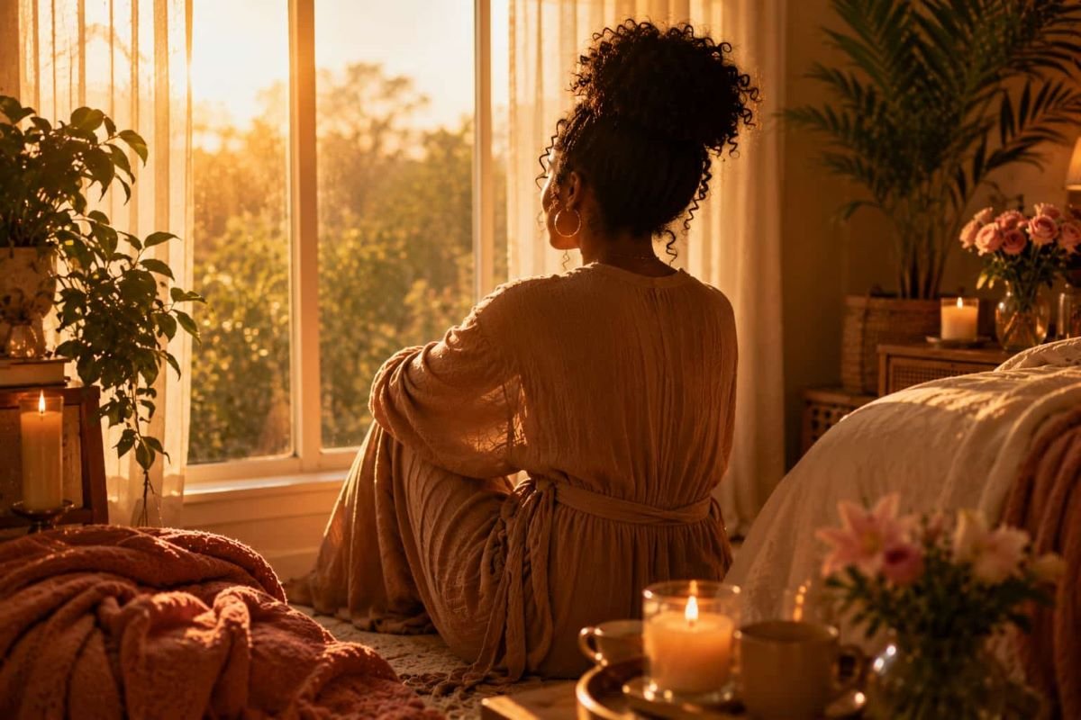 Black woman reflecting by a sunlit window in a peaceful bedroom