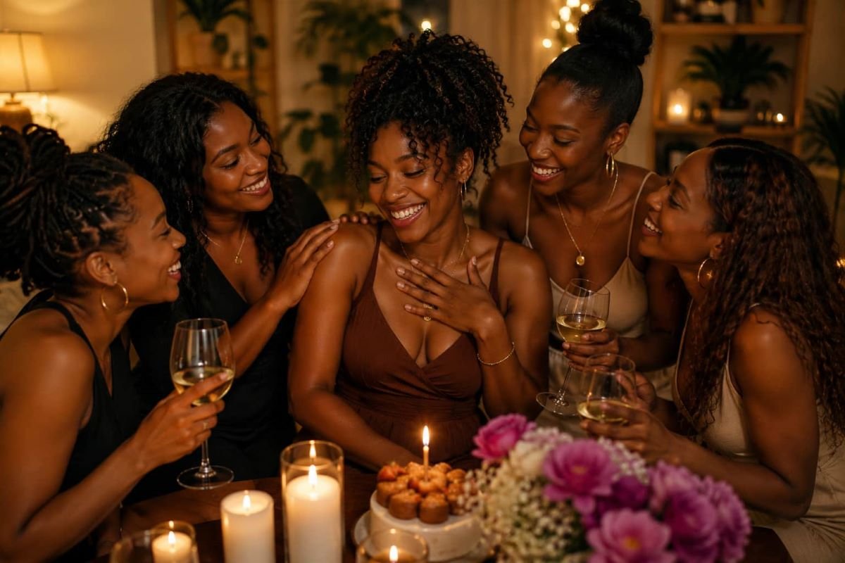 Group of Black women sharing a joyful, intimate celebration as they encourage and celebrate a friend's personal growth and achievements.
