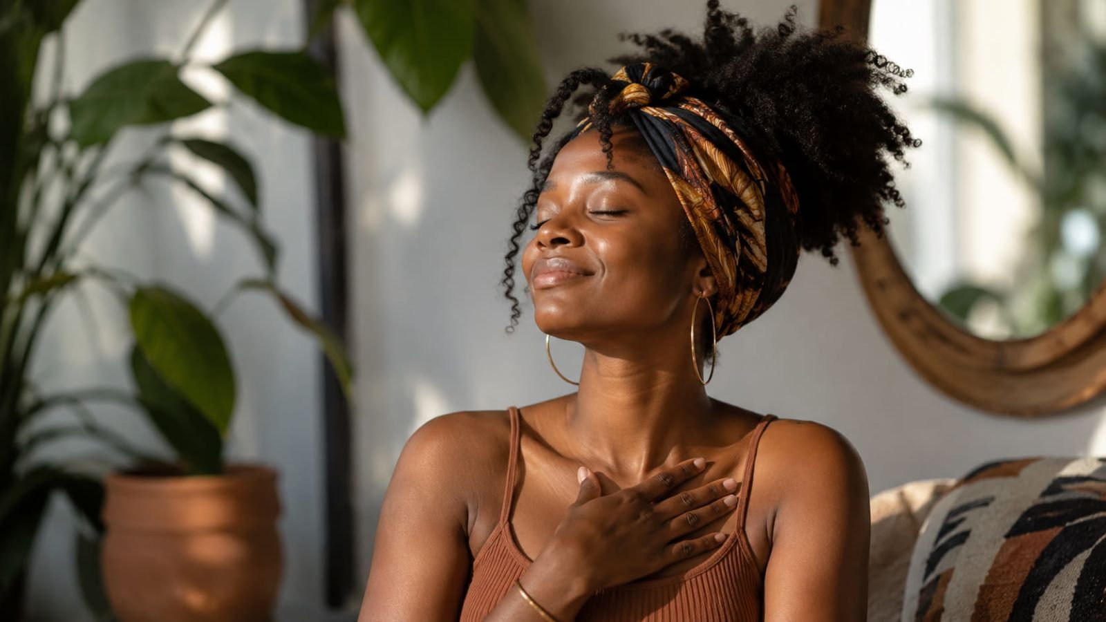 Black woman with eyes closed and hand over her heart, embracing self-worth and celebrating herself in a peaceful, sunlit space.