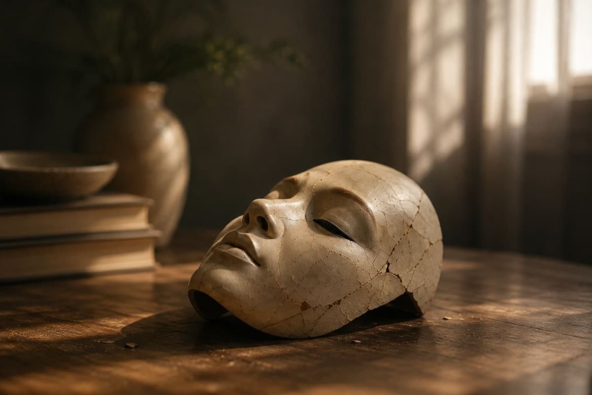 Cracked ceramic mask resting on a wooden table in warm natural light, symbolizing emotional exhaustion, releasing protective facades, and the journey toward authenticity and healing.