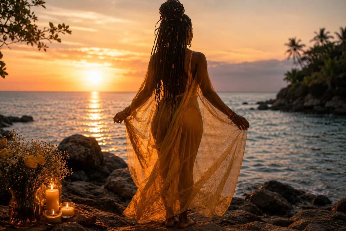 Back view of a Black woman standing barefoot at sunrise by the water, symbolizing divine feminine energy, self-trust, inner authority, and healing.