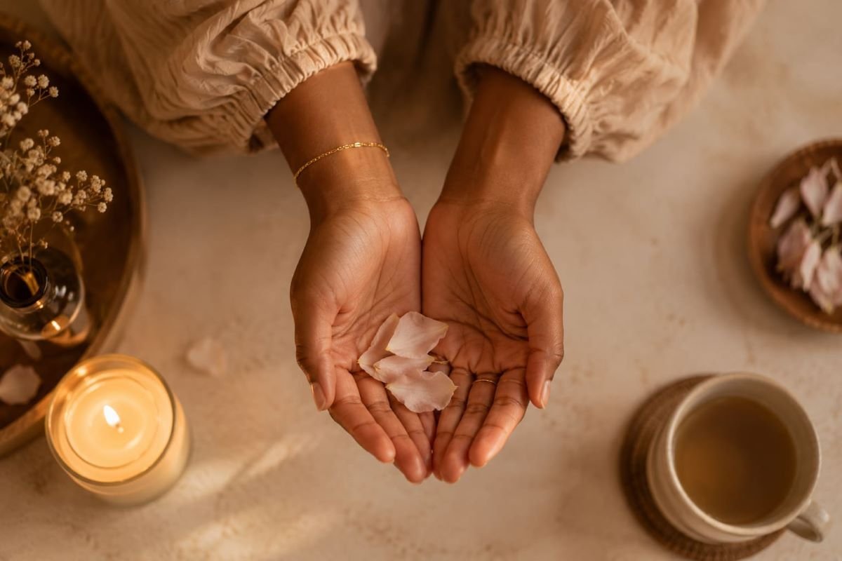 Black woman's open palms with flower petals representing receptivity and abundance
