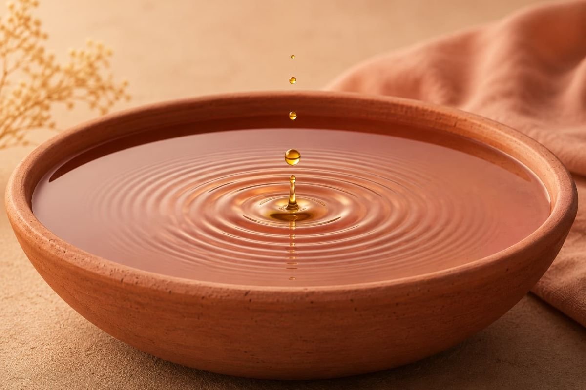 Golden ripples spreading across calm water in a clay bowl, representing safe spaces for Black women, peace, release, and emotional healing.