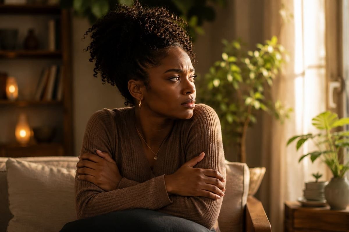 Black woman sitting in a peaceful, softly lit room with her arms crossed and shoulders tense as she looks cautiously toward a window. The image represents safe spaces for Black women, nervous system healing, and the challenge of feeling safe after prolonged stress and emotional exhaustion.