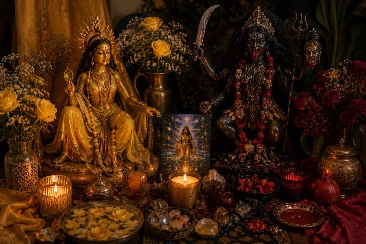 Sacred altar featuring Oshun and Kali with candles, flowers, crystals, and ritual objects, symbolizing feminine healing, balance, transformation, and spiritual guidance.