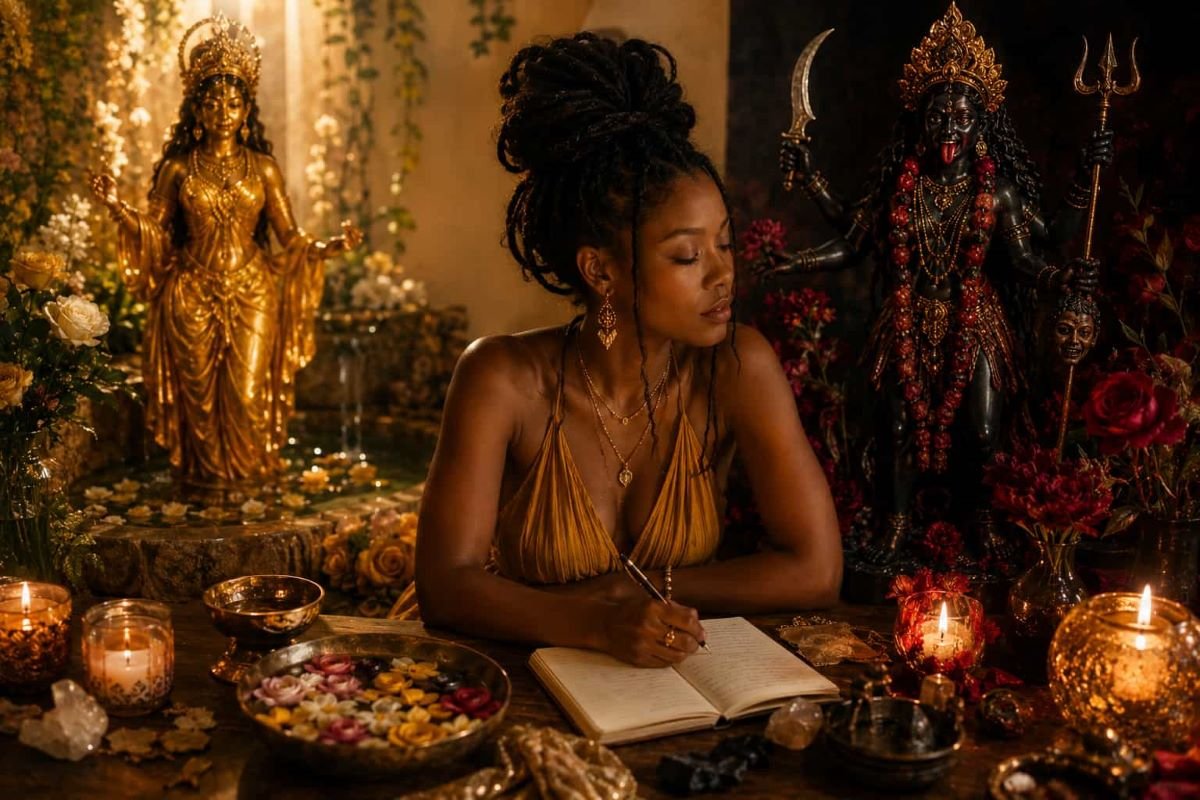 Black woman journaling between symbolic representations of Oshun and Kali, reflecting feminine healing, transformation, softness, courage, and inner rebirth.