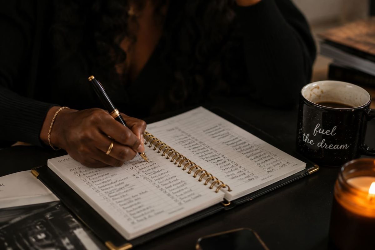Close-up of a Black woman writing the next task in a planner filled with completed checklists, illustrating achievement addiction and the pressure to keep accomplishing without pausing.