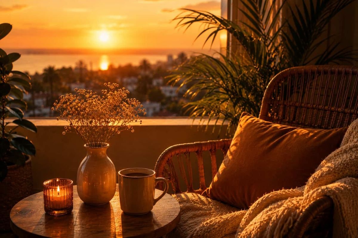 Cozy self-care corner bathed in golden sunset light with a rattan chair, candle, flowers, and a warm cup, symbolizing peace, presence, and embracing life's simple joys.