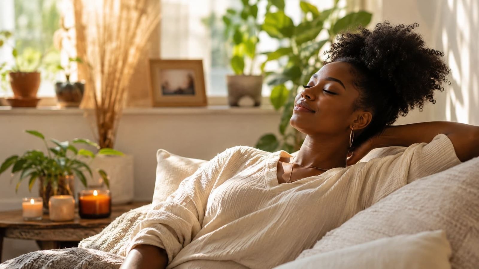 Black woman relaxing on a cozy sofa in a warm sunlit living room surrounded by plants and candles, representing emotional safety, healing, rest, and a soft life.