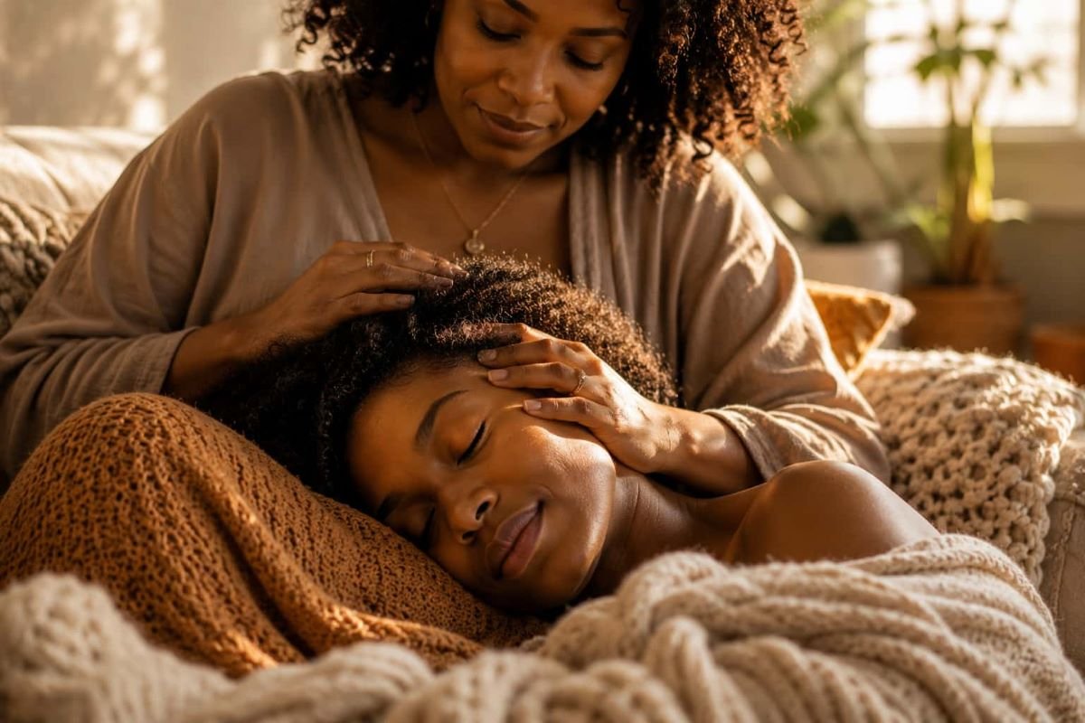 Two Black women sharing a moment of comfort and connection, with one woman resting peacefully while receiving gentle care. 