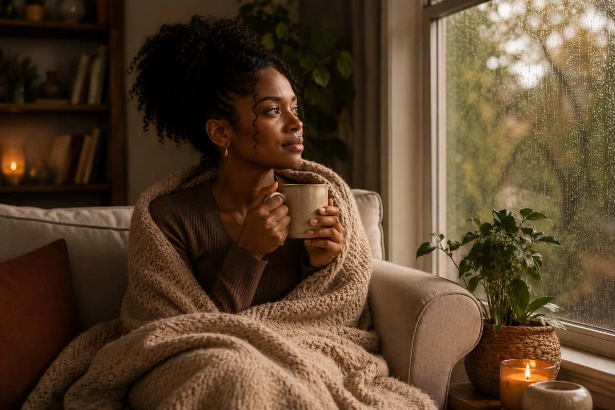 Black woman wrapped in a cozy blanket while enjoying a cup of tea and looking out a window. The image represents safe spaces for Black women, intentional rest, nervous system healing, and creating a soft life through everyday rituals.