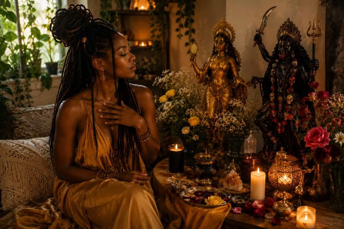 Black woman meditating beside an altar with Oshun and Kali, symbolizing shadow work, intuition, emotional healing, and transformation.