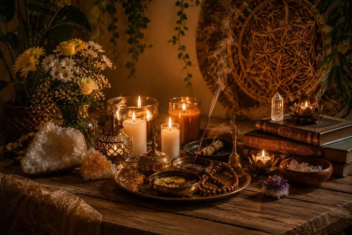 Candlelit altar with crystals, flowers, incense, journals, and sacred objects, symbolizing inner transformation, feminine healing, self-reflection, and spiritual guidance.