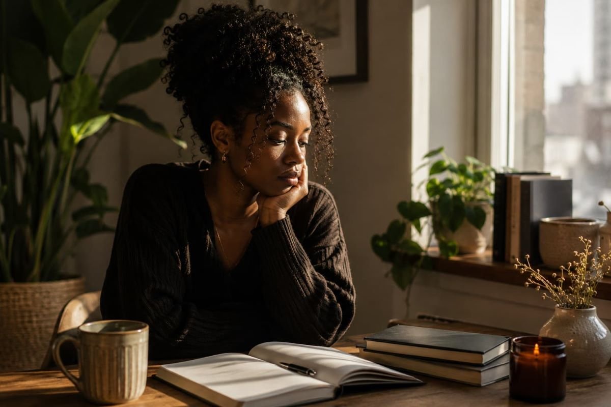 Thoughtful Black woman sitting quietly by a window, reflecting on self-worth, healing, and learning to celebrate herself in a peaceful home setting.