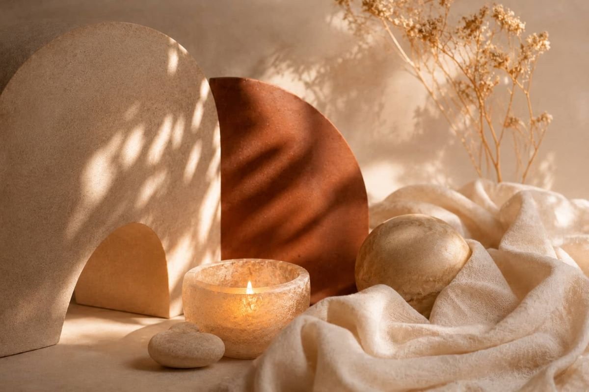 Abstract arrangement of warm terracotta forms, soft cream fabric, natural textures, and gentle candlelight, symbolizing emotional safety, comfort, rest, and a nurturing environment.