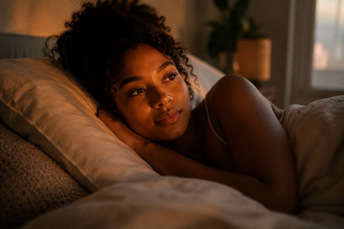Young Black woman lying on her side in bed with her head resting on a pillow, gazing thoughtfully toward soft morning light in a cozy bedroom.