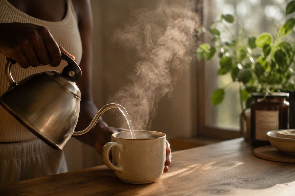 Close-up of a Black woman's hands pouring hot water from a kettle into a ceramic mug as steam rises in soft natural light.