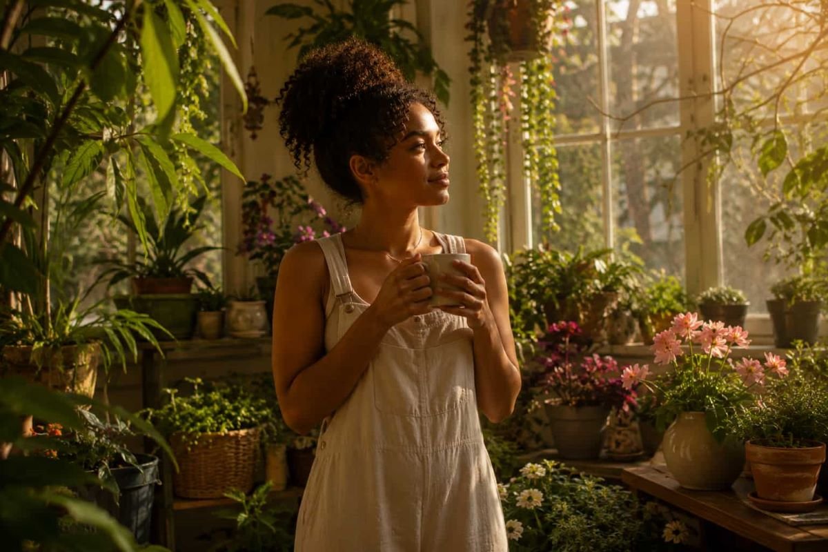 Black woman standing in a sunlit greenhouse surrounded by lush green plants and blooming flowers while holding a ceramic mug and show self-love as a spiritual practice