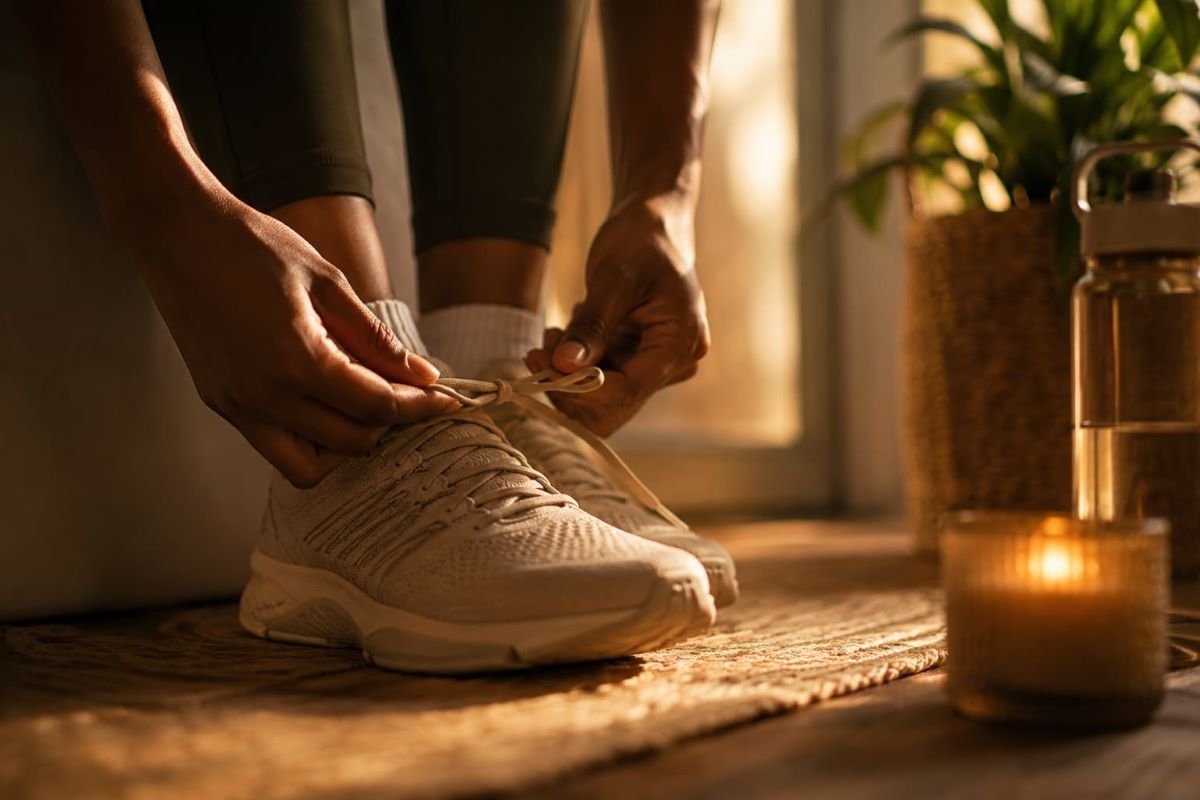 Close-up of a Black woman's hands tying the laces of white sneakers before heading out for a walk.