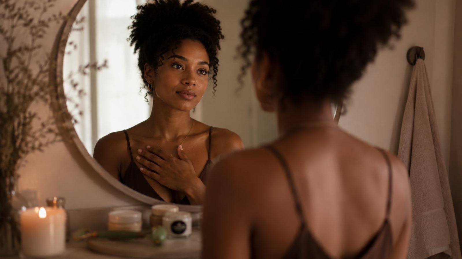 Black woman looking into a bathroom mirror with her hand on her heart, reflecting on self-love as a spiritual practice beyond surface-level self-care.