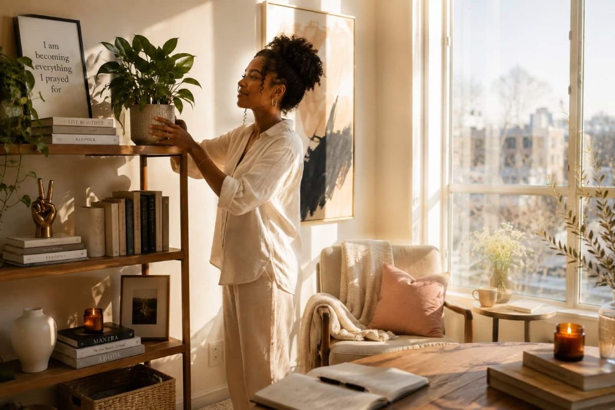 Black woman arranging a potted plant on a shelf in a bright, peaceful room filled with books and natural light.