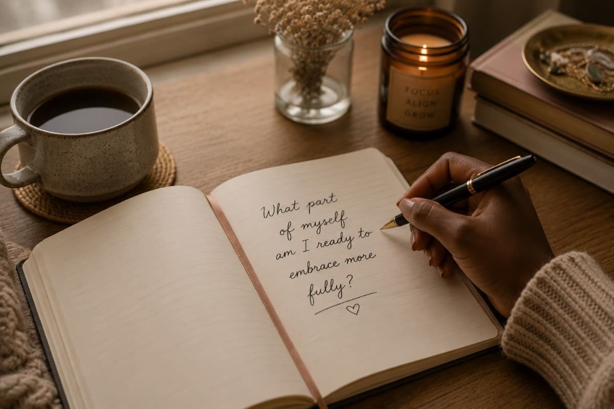 Black woman writing in a journal with a coffee cup beside her, reflecting.