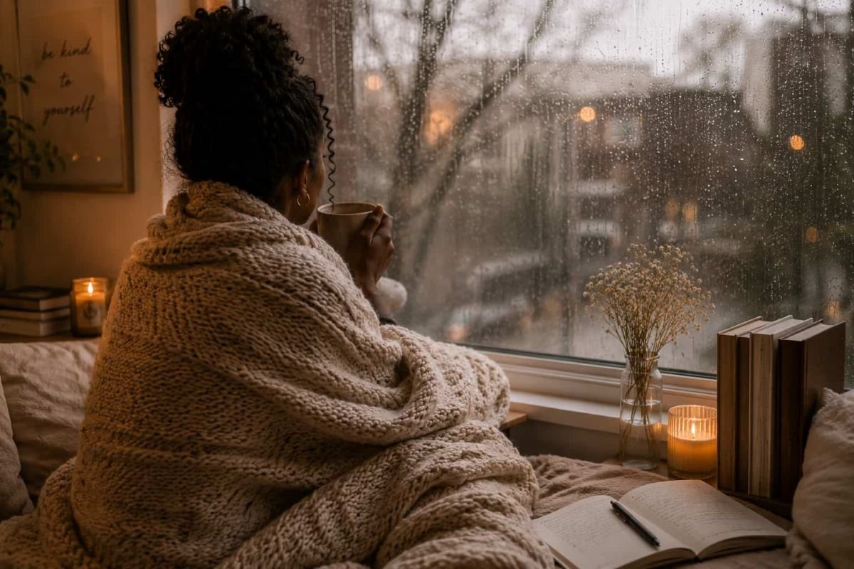 Black woman wrapped in a warm blanket, holding a mug by a rain-covered window and resting peacefully.