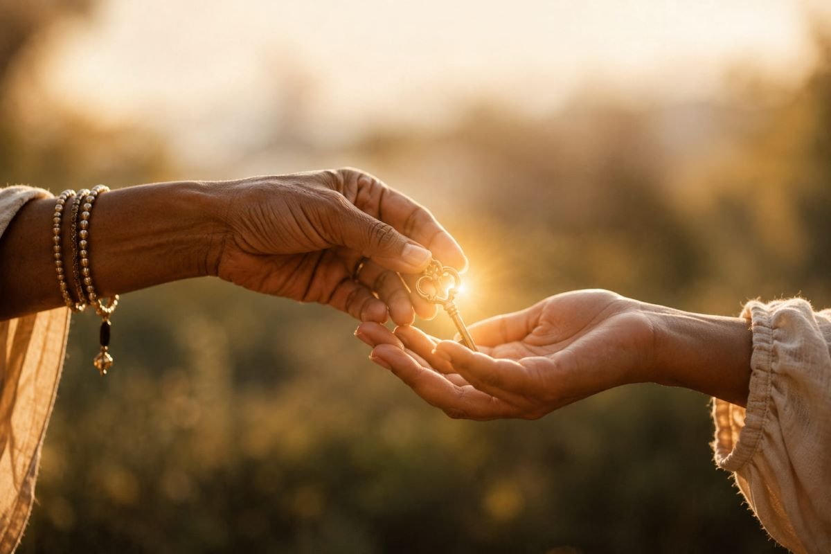 Two Black women’s hands passing an ornate key in warm golden sunlight, symbolizing the transition from one version of yourself to another.