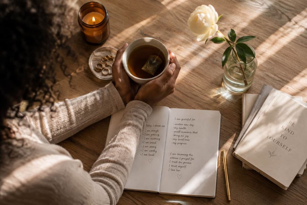 Black woman holding tea beside an open journal during a quiet morning ritual.