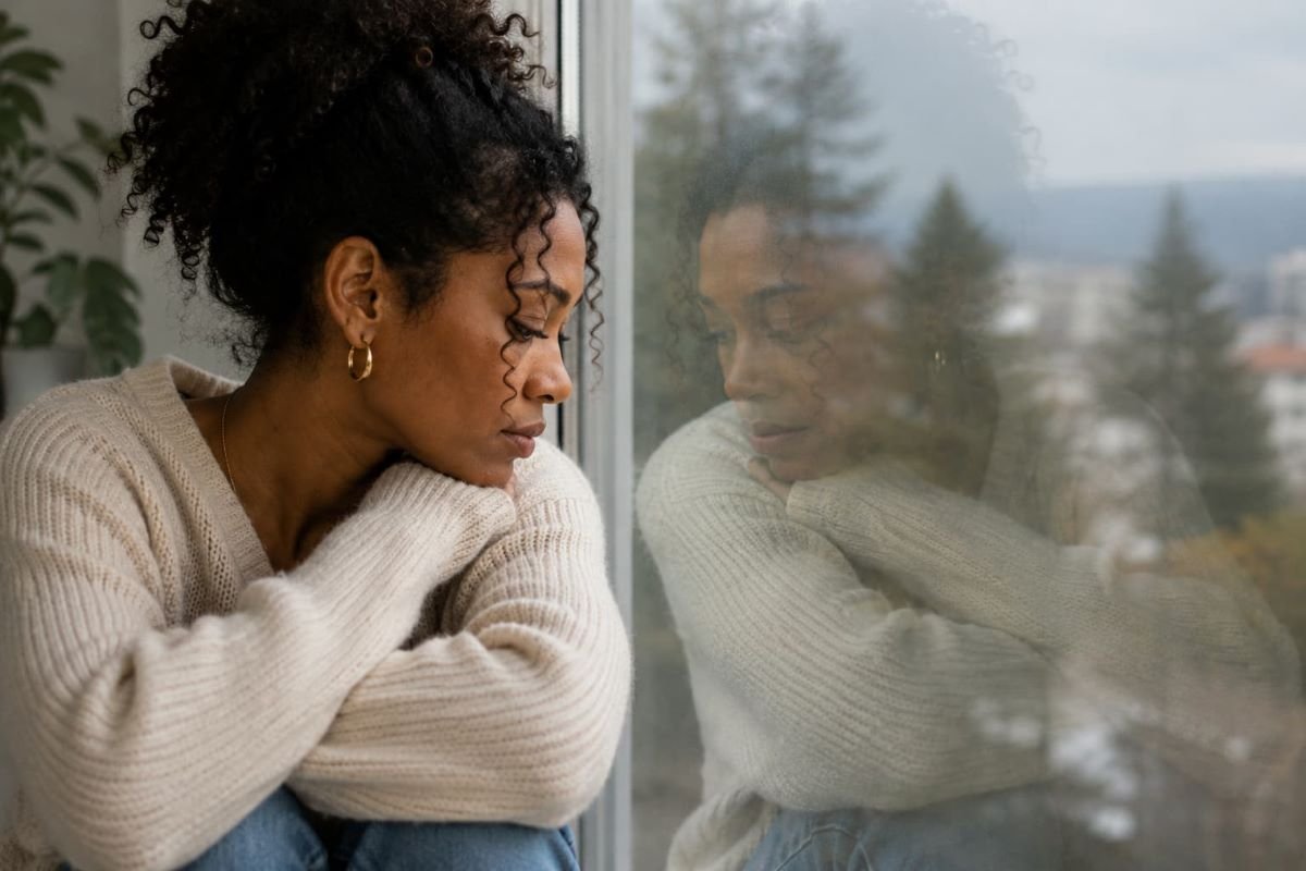 Black woman reflecting by a window, with her reflection visible as she looks inward during a season of personal growth.